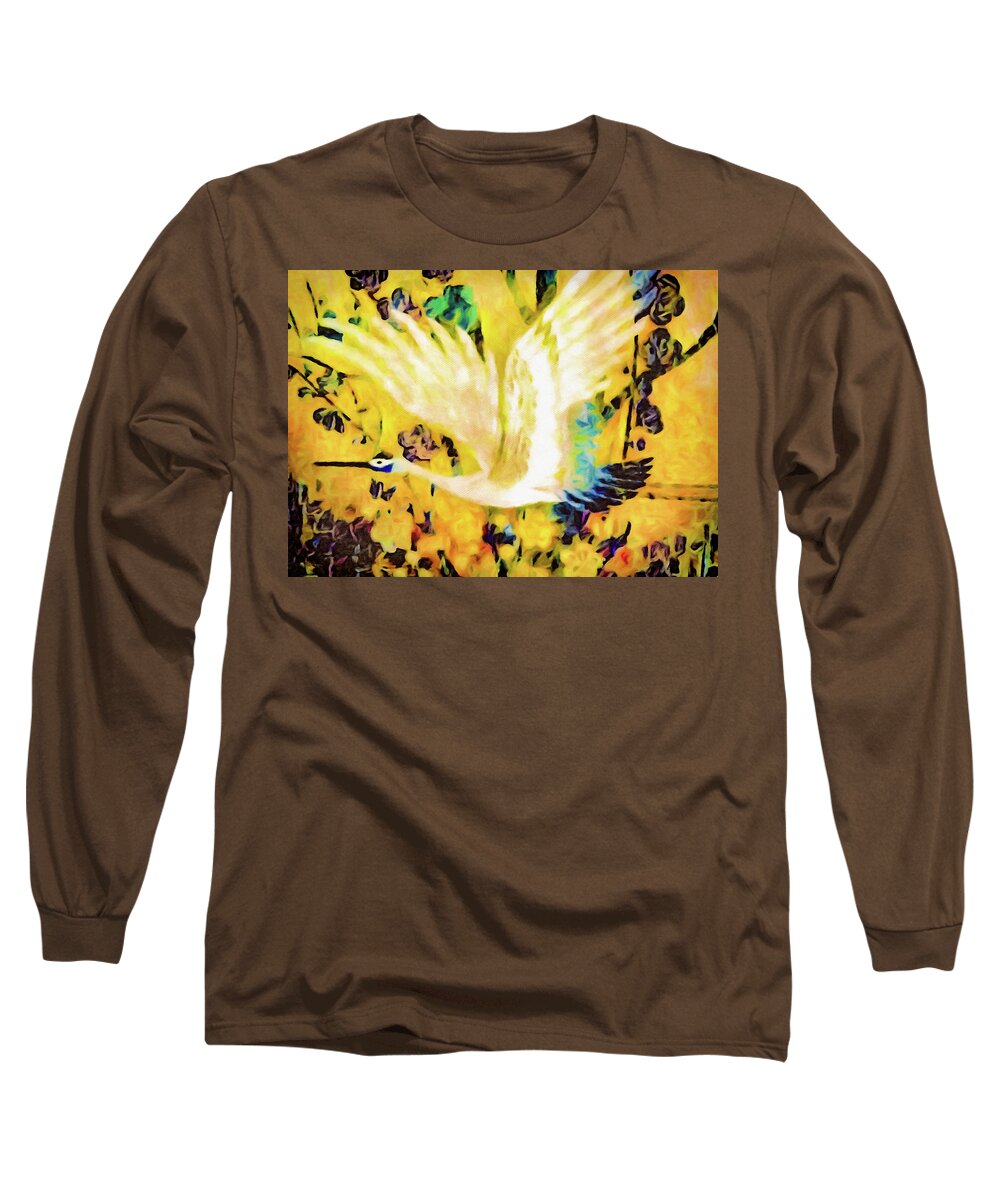 Crane Long Sleeve T-Shirt featuring the digital art Taking Wing Above the Garden - Kimono Series by Susan Maxwell Schmidt