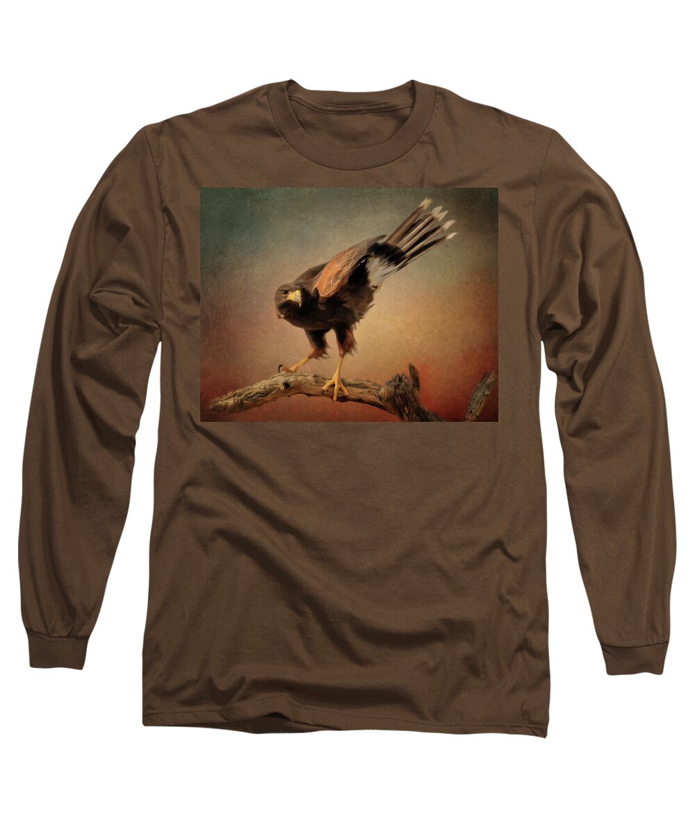 Black Cactus Long Sleeve T-Shirt featuring the digital art The Harris's Hawk by Steve Kelley