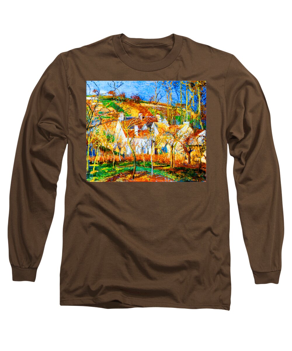 Camille Long Sleeve T-Shirt featuring the painting The Red Roofs, Corner of a Village Winter 1877 by Camille Pissarro