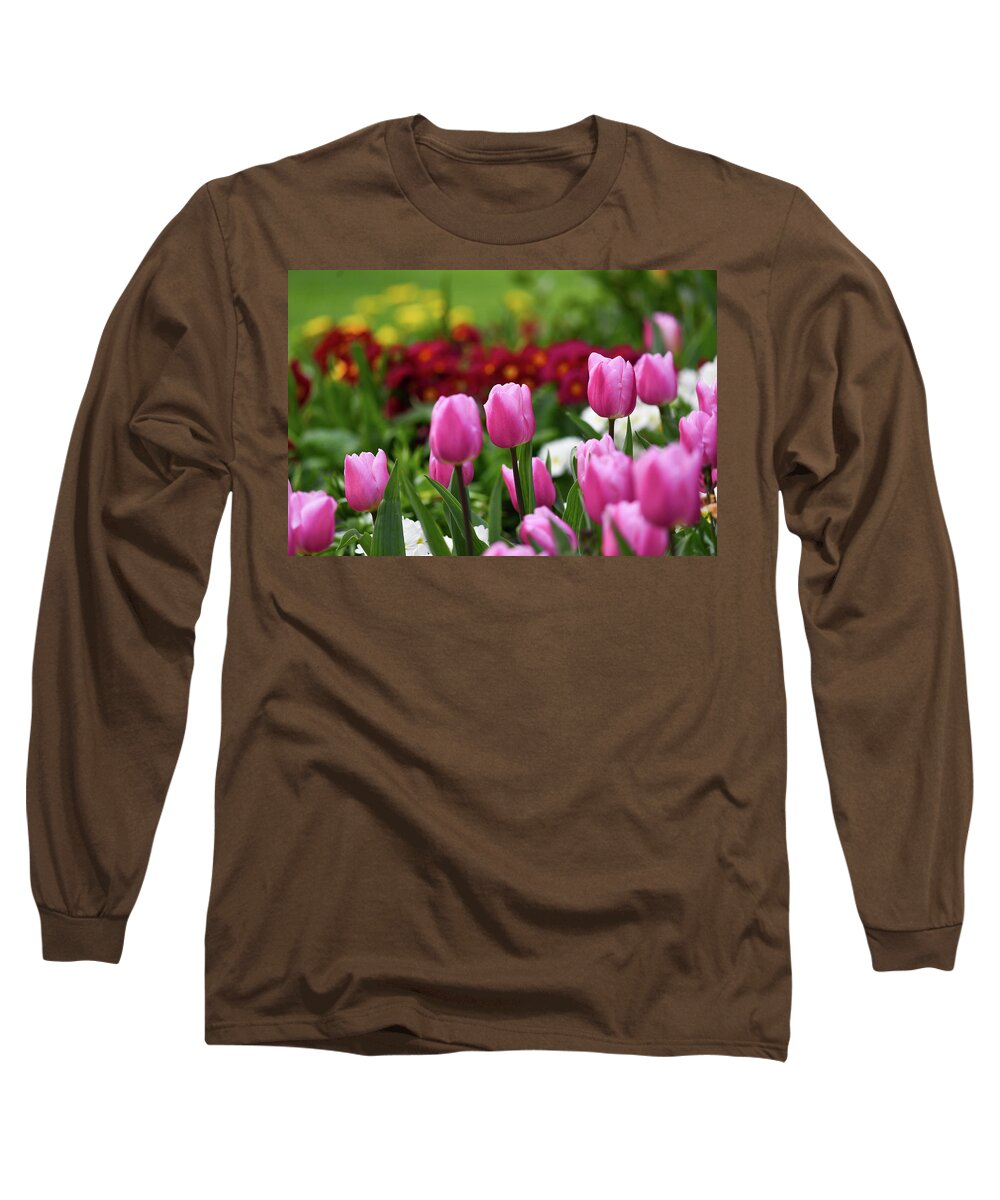 Tulips Long Sleeve T-Shirt featuring the photograph Tulips blooming in the spring sunshine by Andrew Lalchan