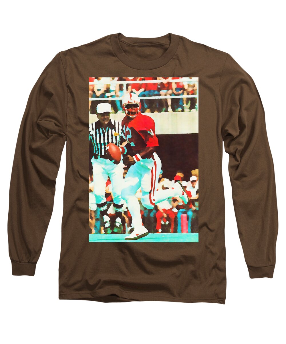Nebraska Football Long Sleeve T-Shirt featuring the mixed media Turner Gill Nebraska Football Art by Row One Brand