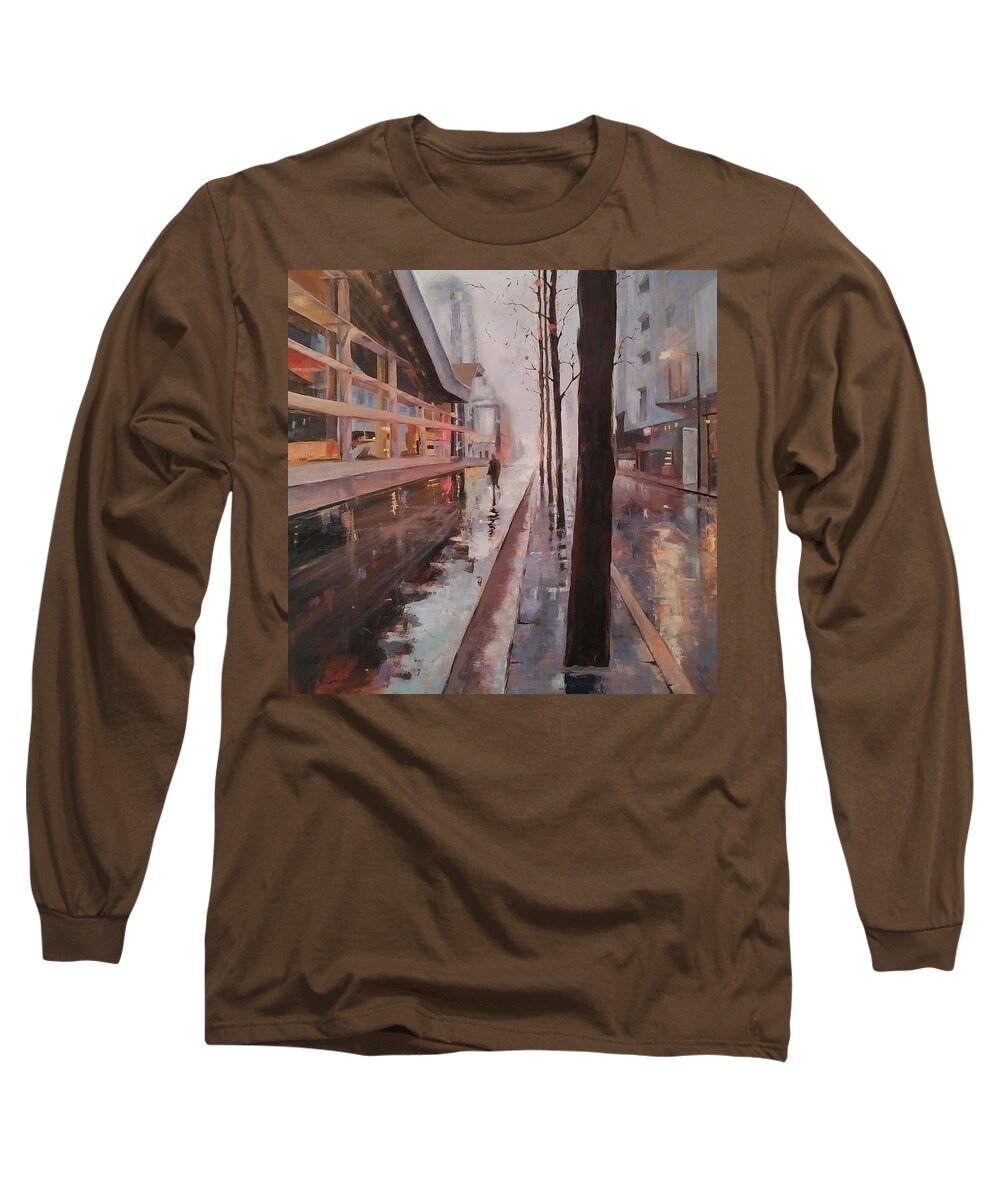 Cityscape Long Sleeve T-Shirt featuring the painting Vancouver 7 am by Sheila Romard