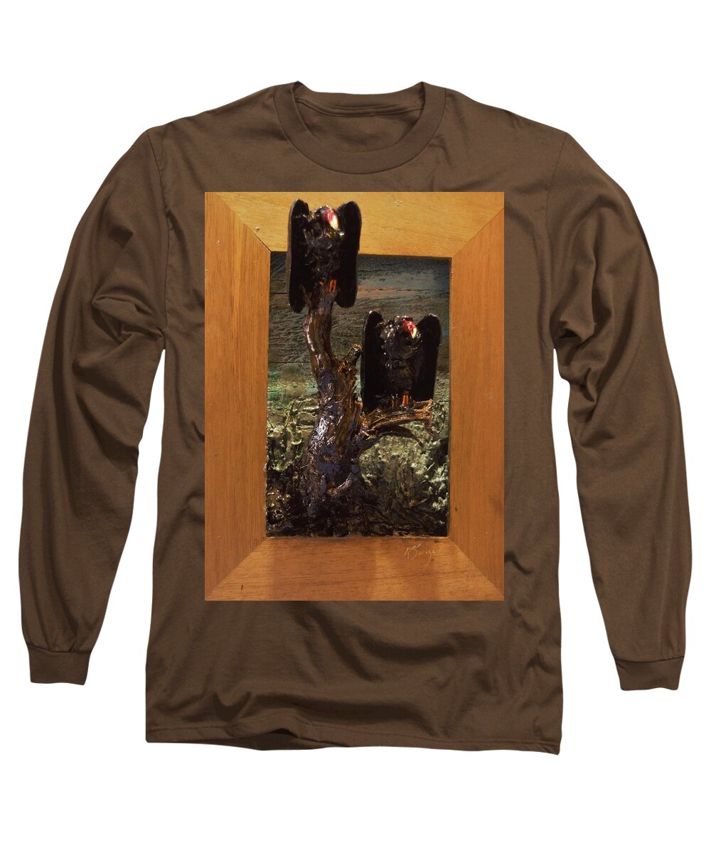 Perched Vultures Long Sleeve T-Shirt featuring the mixed media Vultures Projecting from Frame by Roger Swezey