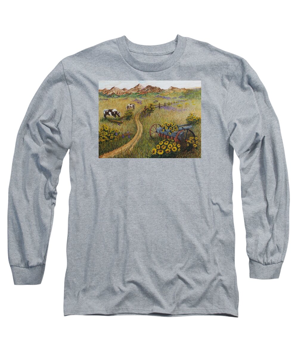 Print Long Sleeve T-Shirt featuring the painting Cows Grazing by Katherine Young-Beck