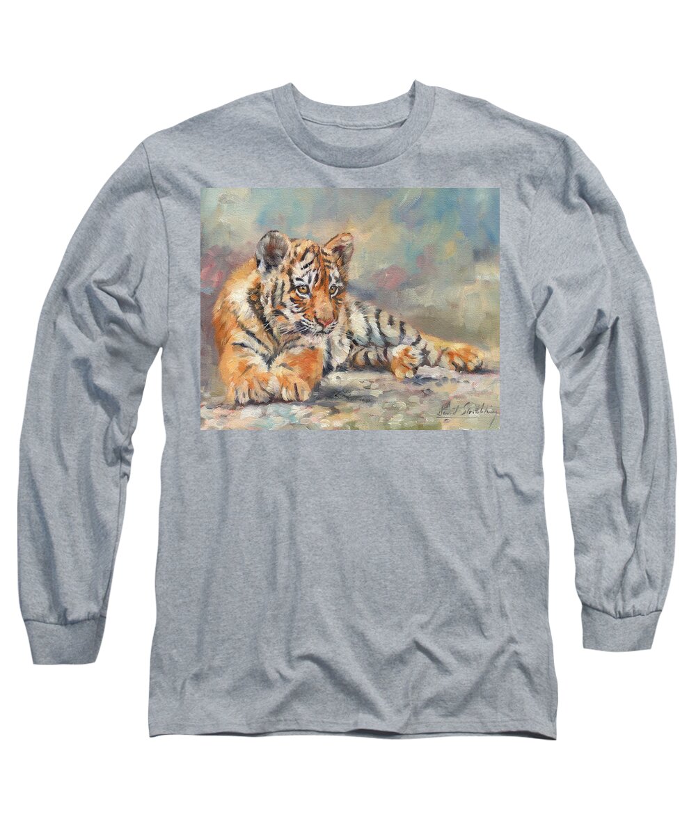 Tiger Long Sleeve T-Shirt featuring the painting Tiger Cub #1 by David Stribbling