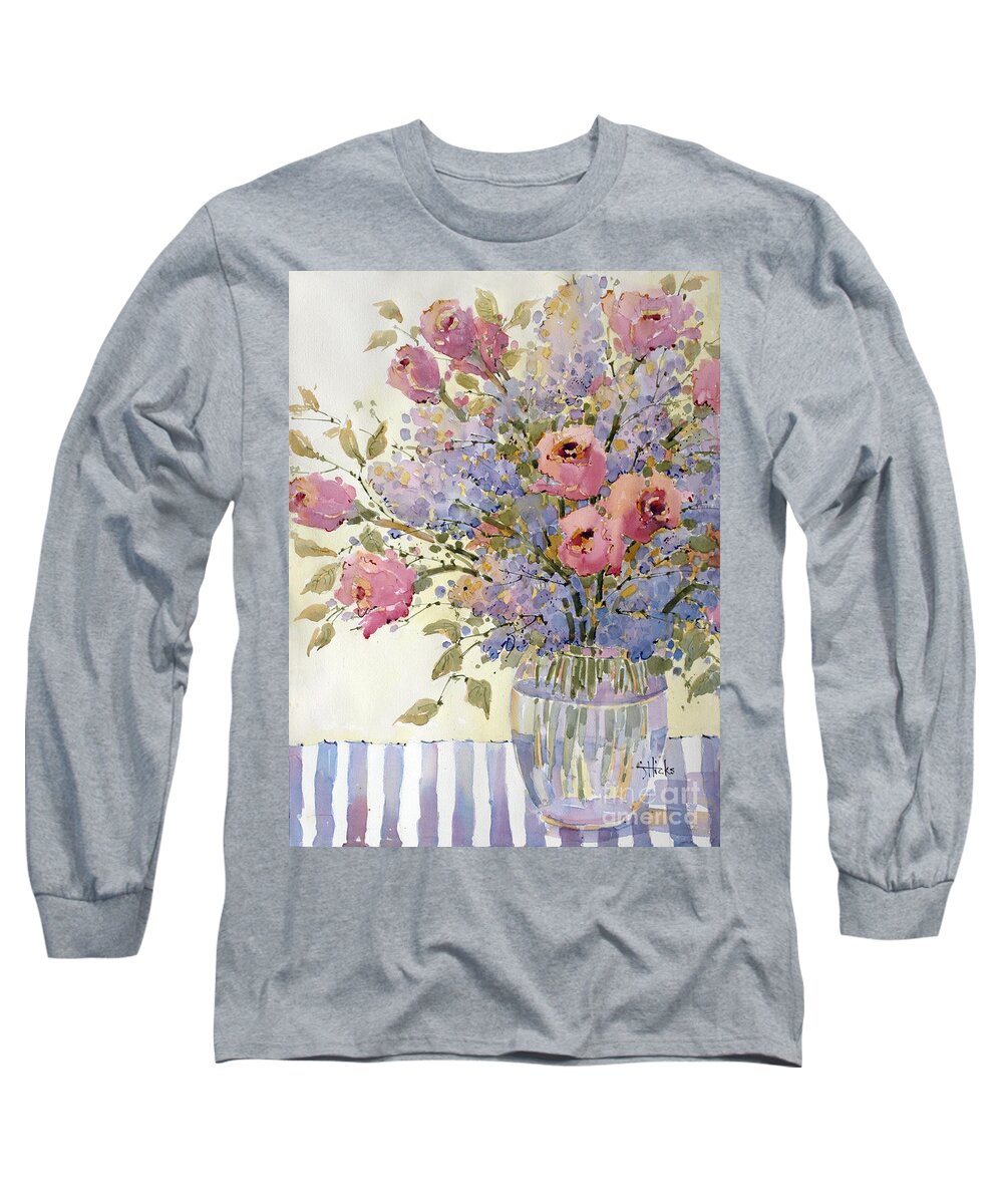 Flowers Long Sleeve T-Shirt featuring the painting Pink Roses and Lilacs by Joyce Hicks