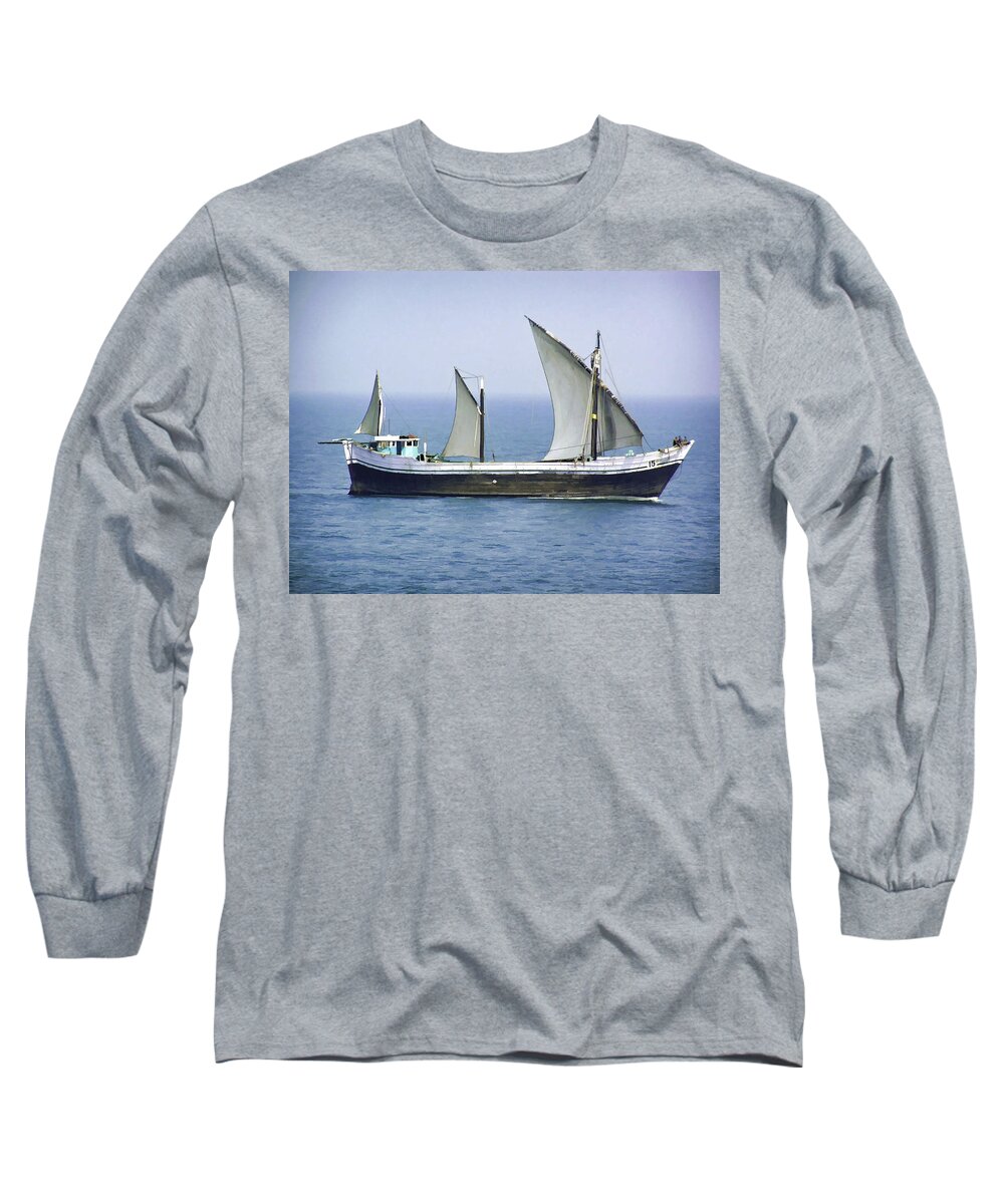 Action Long Sleeve T-Shirt featuring the digital art Fishing vessel in the Arabian sea #3 by Ashish Agarwal