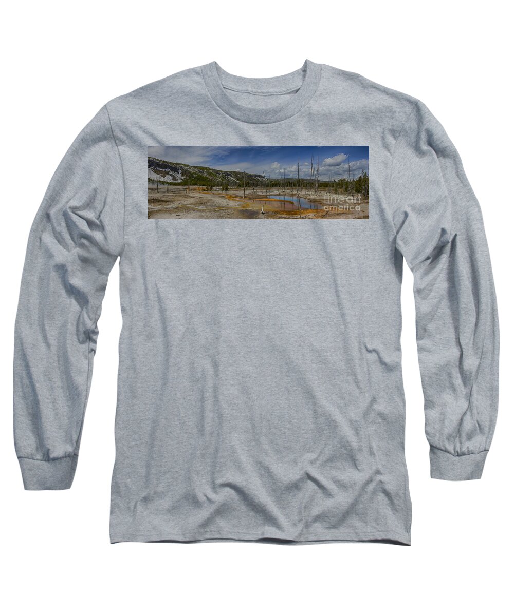 Basin Long Sleeve T-Shirt featuring the photograph A Panoramic View of A Yellowstone Geyser Basin by Steve Triplett