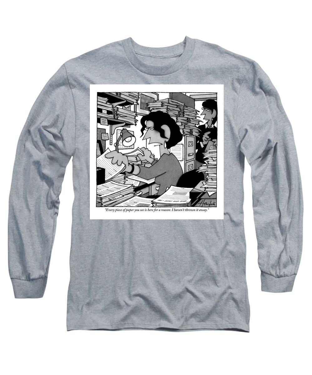 Paper Long Sleeve T-Shirt featuring the drawing A Woman Sitting At A Disorganized Desk Covered by William Haefeli