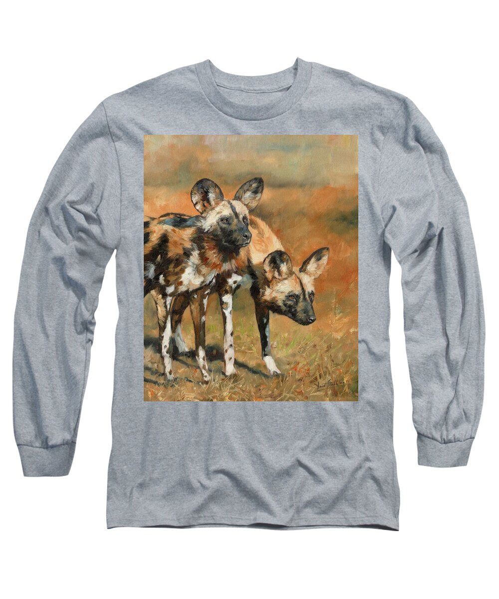 Wild Dogs Long Sleeve T-Shirt featuring the painting African Wild Dogs by David Stribbling