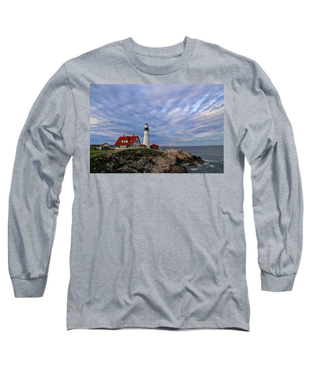 Lighthouse Long Sleeve T-Shirt featuring the photograph As The Sky Reaches The Water by Karol Livote