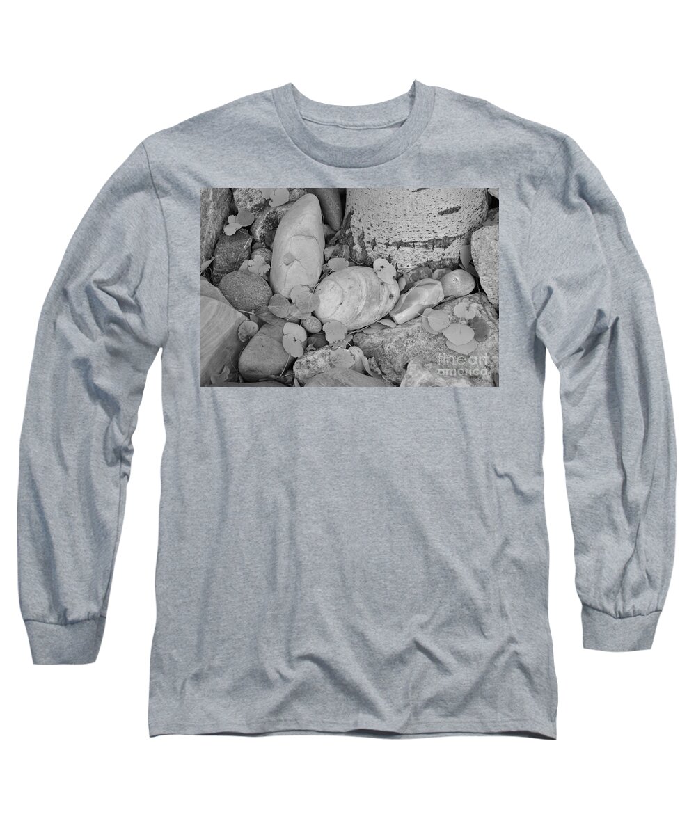 Aspen Long Sleeve T-Shirt featuring the photograph Aspen Leaves on the Rocks - black and white by Dorrene BrownButterfield