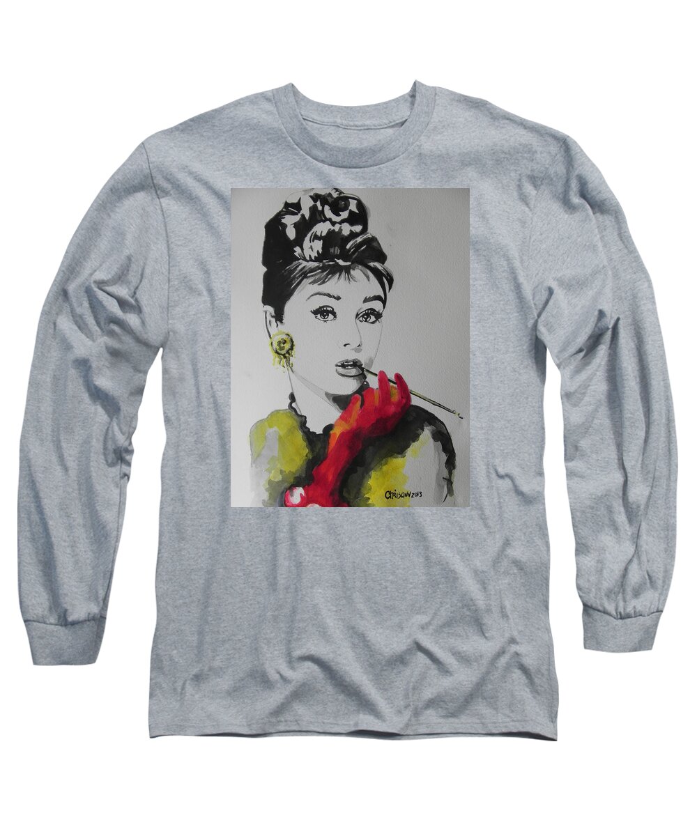 Watercolor Painting Long Sleeve T-Shirt featuring the painting Audrey Hepburn by Chrisann Ellis