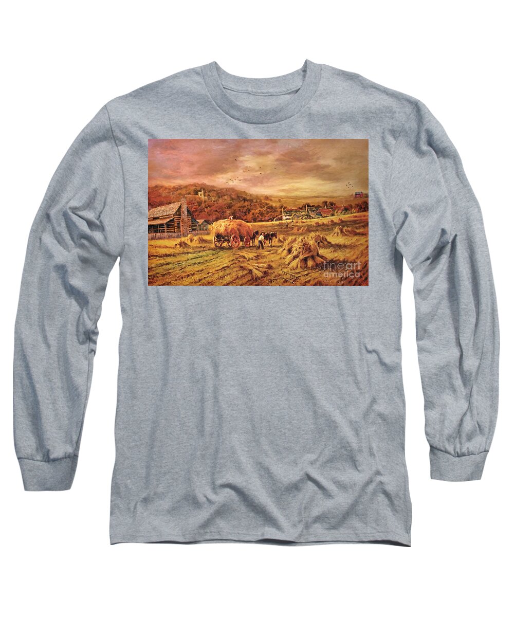 Folk Art Long Sleeve T-Shirt featuring the digital art Autumn Folk Art - Haying Time by Lianne Schneider