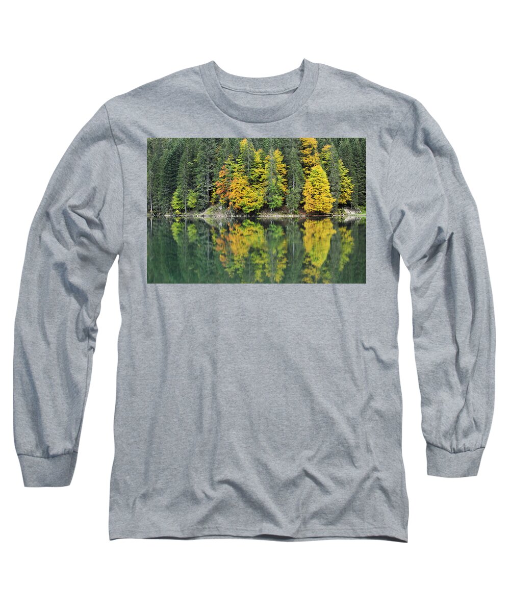 Nis Long Sleeve T-Shirt featuring the photograph Autumn forest Reflected In Lake Haute by Andre Gilden