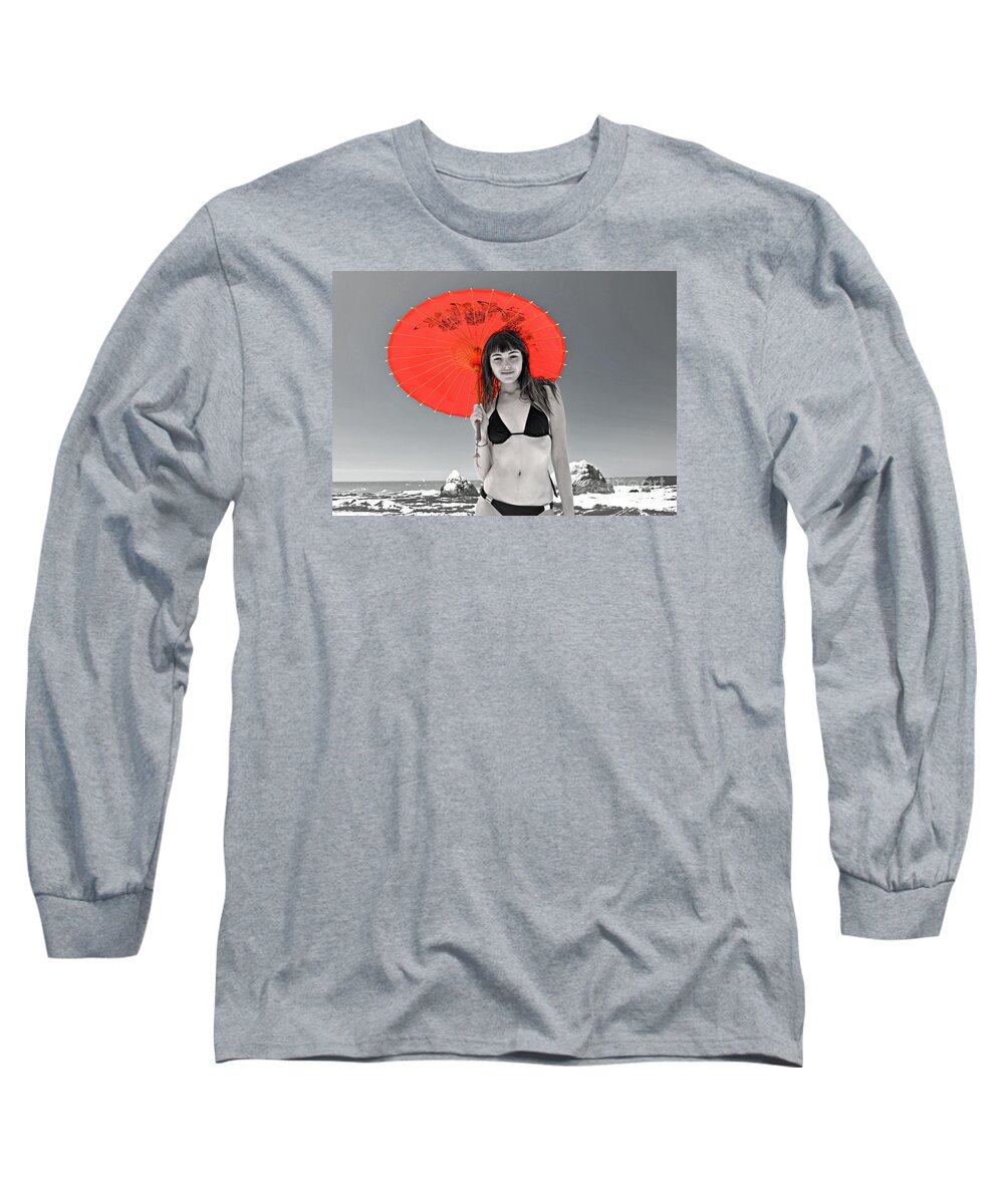 Brown Haired Long Sleeve T-Shirt featuring the photograph Beautiful Freckle Faced Model At The Beach Altered Version by Jim Fitzpatrick