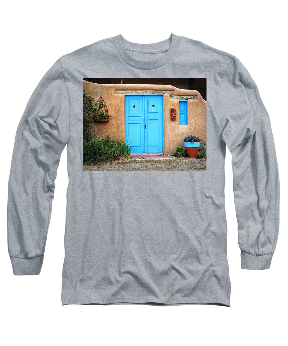 Lucinda Walter Long Sleeve T-Shirt featuring the photograph Blue Doors of Taos by Lucinda Walter