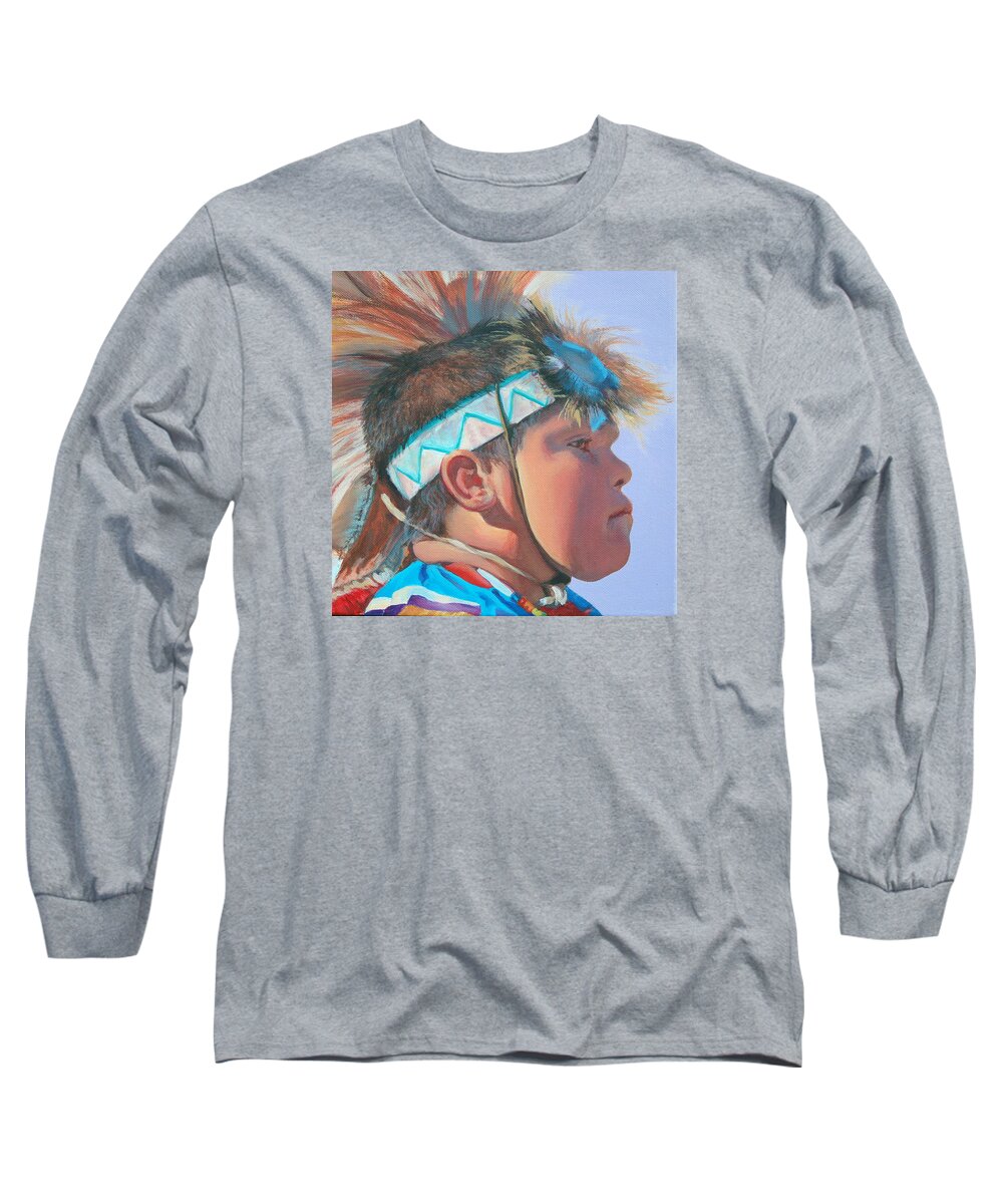 Native American Long Sleeve T-Shirt featuring the painting Blue Falcon by Christine Lytwynczuk