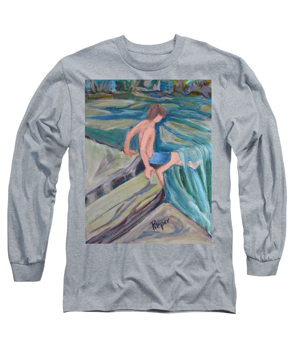 Canajoharie Painting Long Sleeve T-Shirt featuring the painting Boy with Foot in Falls by Betty Pieper