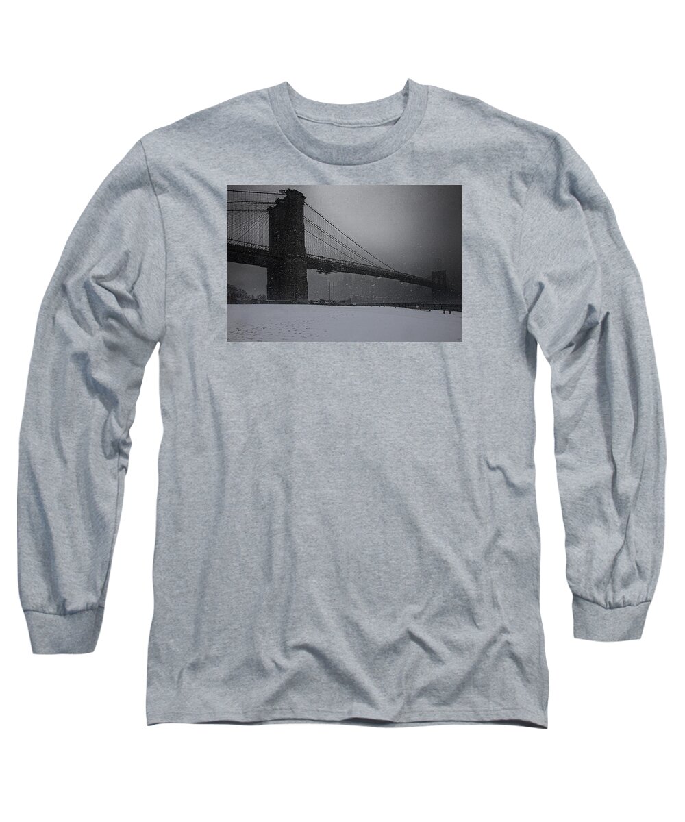 Blizzard Long Sleeve T-Shirt featuring the photograph Brooklyn Bridge Blizzard by Chris Lord