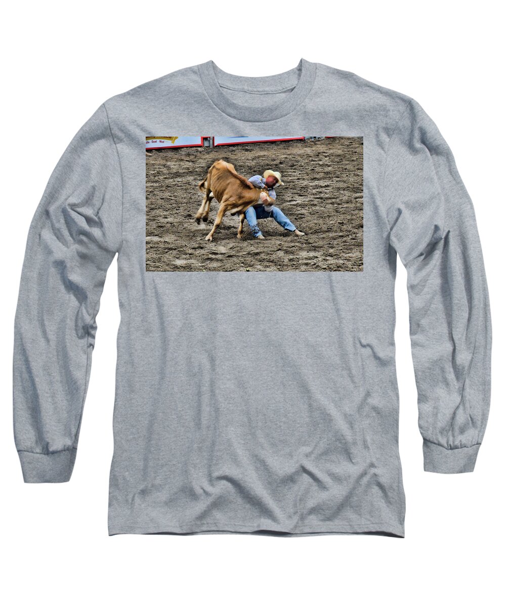 Rodeo Long Sleeve T-Shirt featuring the photograph Bull Dogging by Ron Roberts