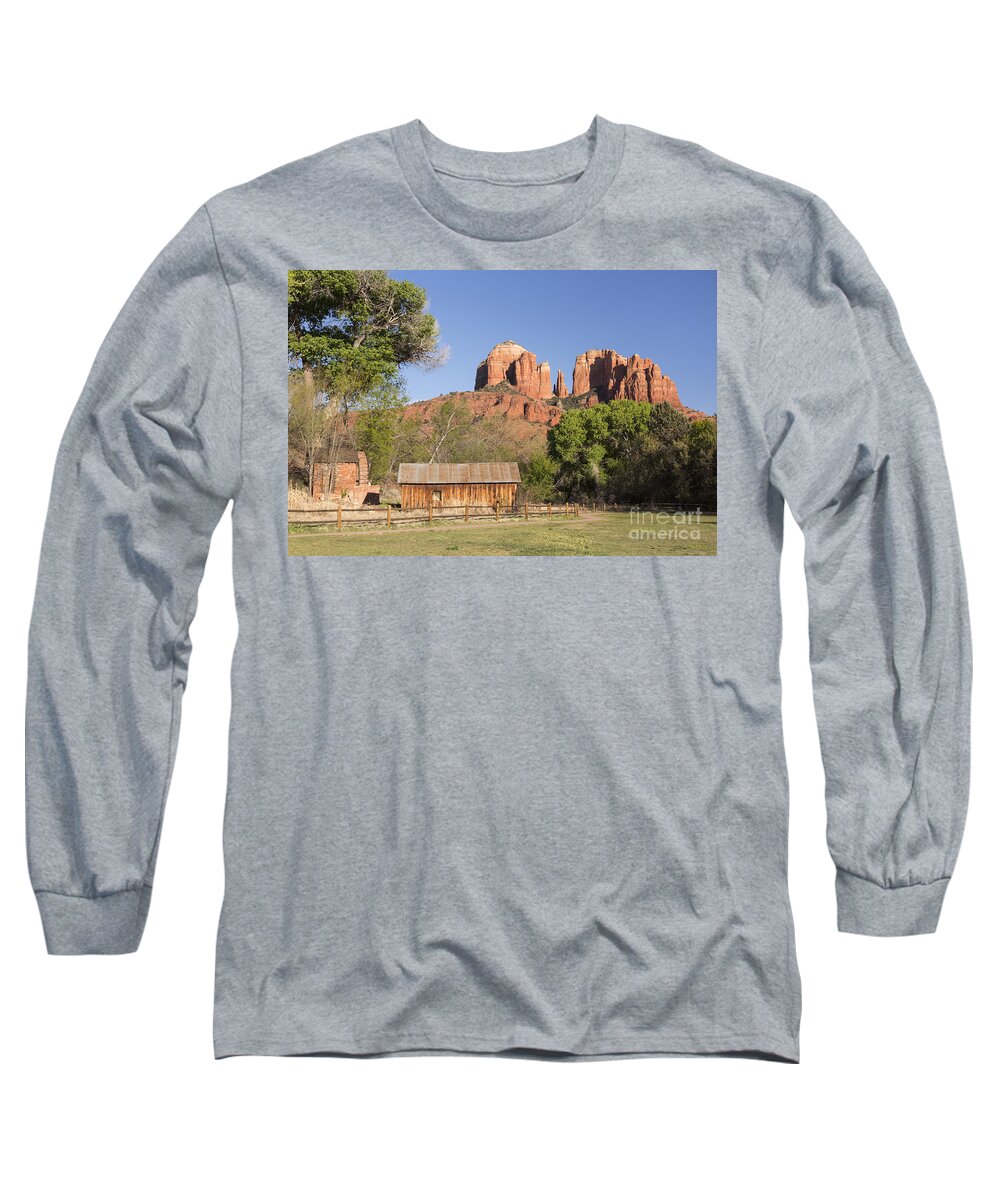Red Rock Long Sleeve T-Shirt featuring the photograph Cathedral Rock with farm in Sedona by Ken Brown