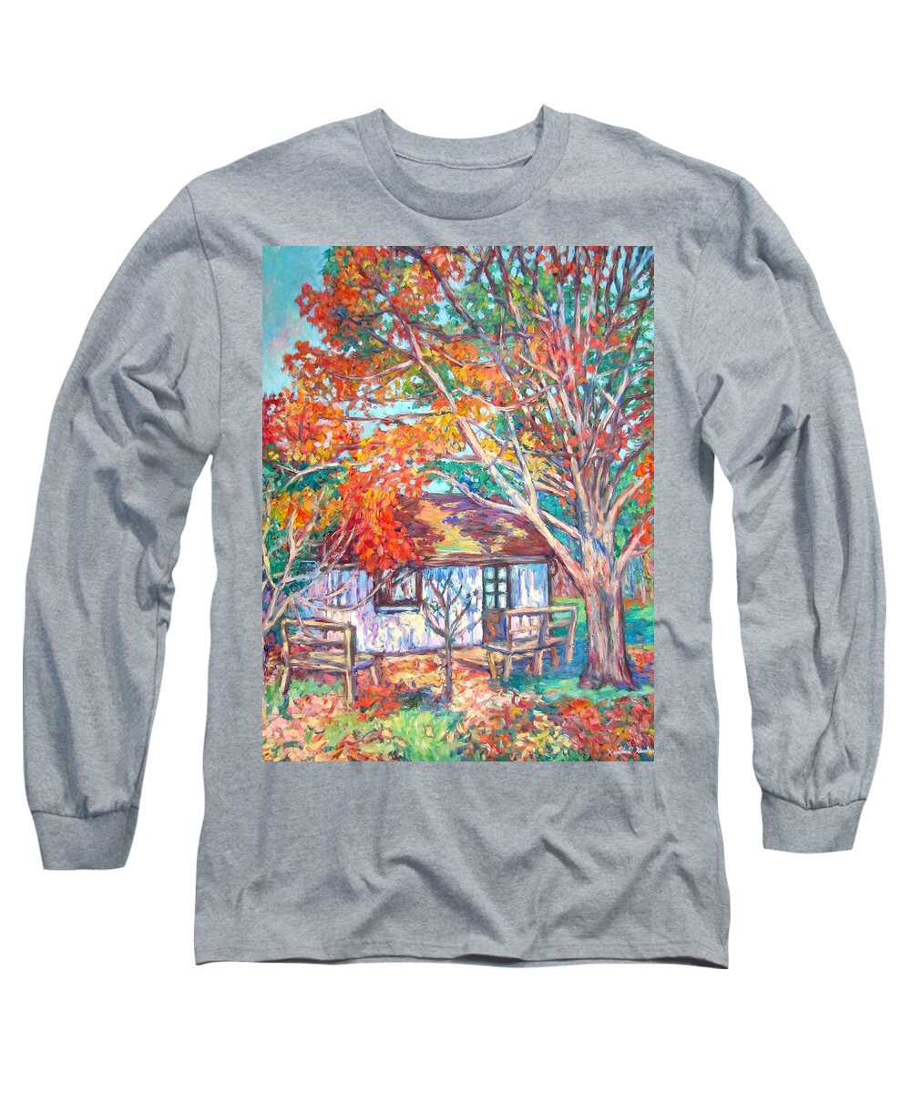 Claytor Lake Long Sleeve T-Shirt featuring the painting Claytor Lake Cabin in Fall by Kendall Kessler