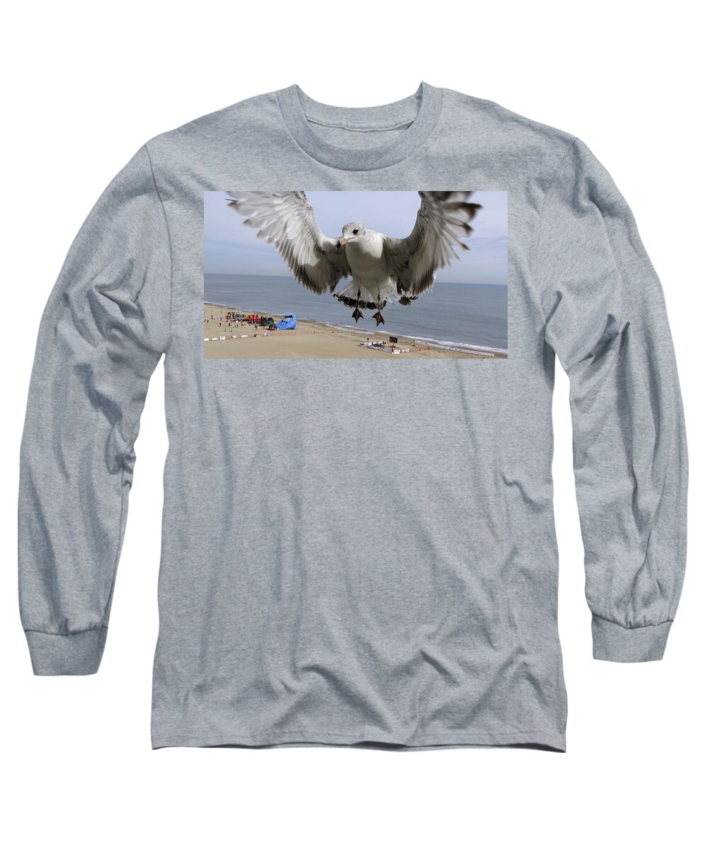 Virginia Beach Long Sleeve T-Shirt featuring the photograph Closeup Of Hovering Seagull by Rick Rosenshein