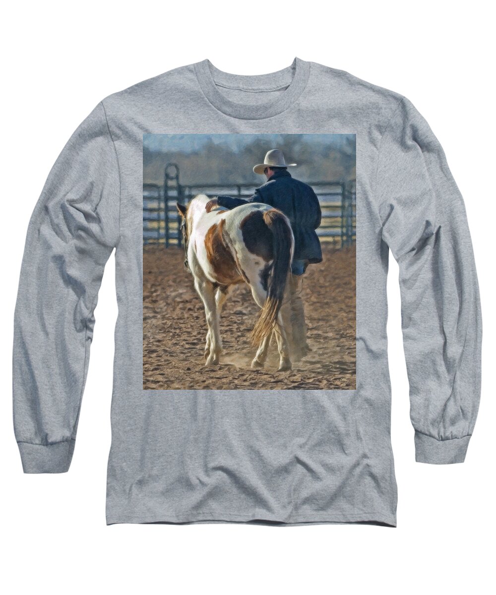 Cowboy Long Sleeve T-Shirt featuring the painting Cowboy Equ419083 by Dean Wittle