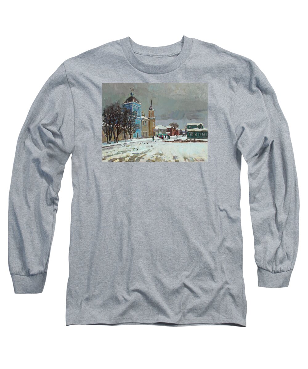 Kolomna Long Sleeve T-Shirt featuring the painting Day of snow by Juliya Zhukova