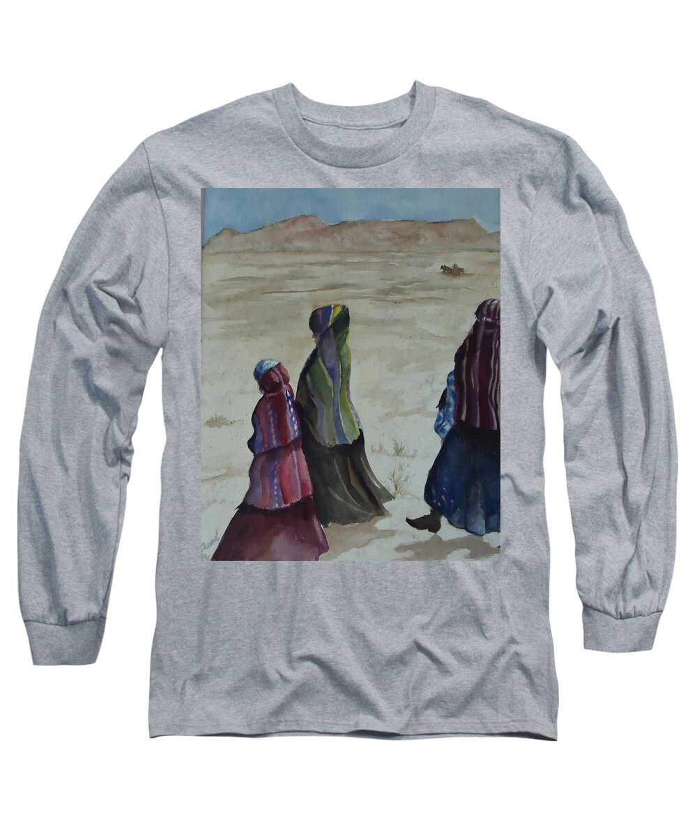 Walking From The Trading Post. People Long Sleeve T-Shirt featuring the painting Dineh leaving the Trading Post by Charme Curtin