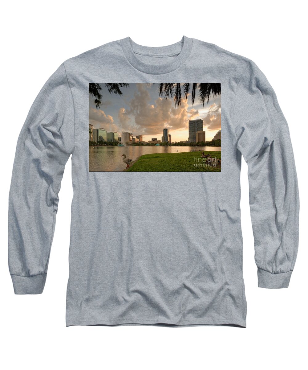 Orlando Long Sleeve T-Shirt featuring the photograph Downtown Orlando Skyline Lake Eola Sunset by Silvio Ligutti