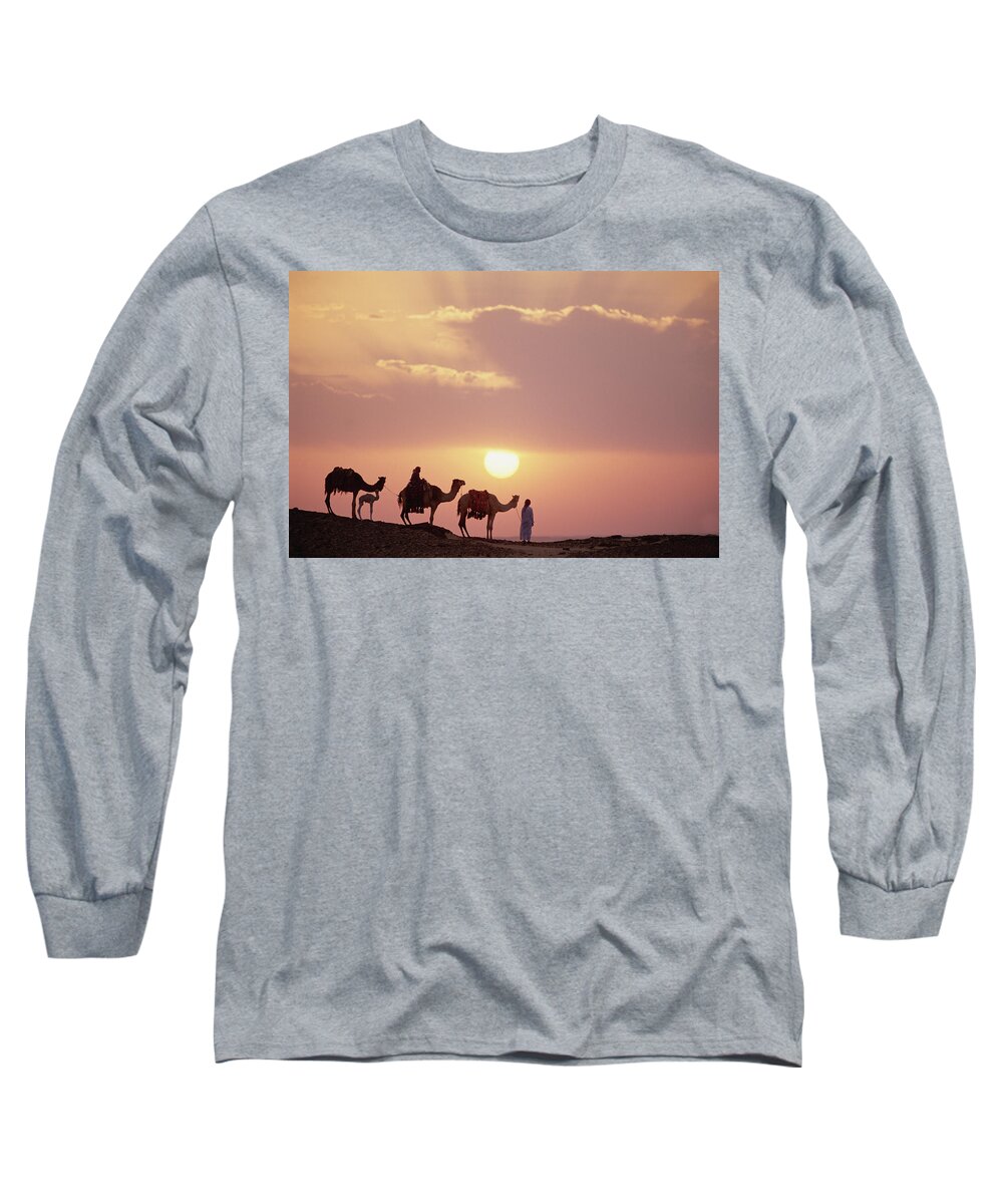 Feb0514 Long Sleeve T-Shirt featuring the photograph Dromedary Camels And Bedouins Sahara by Gerry Ellis
