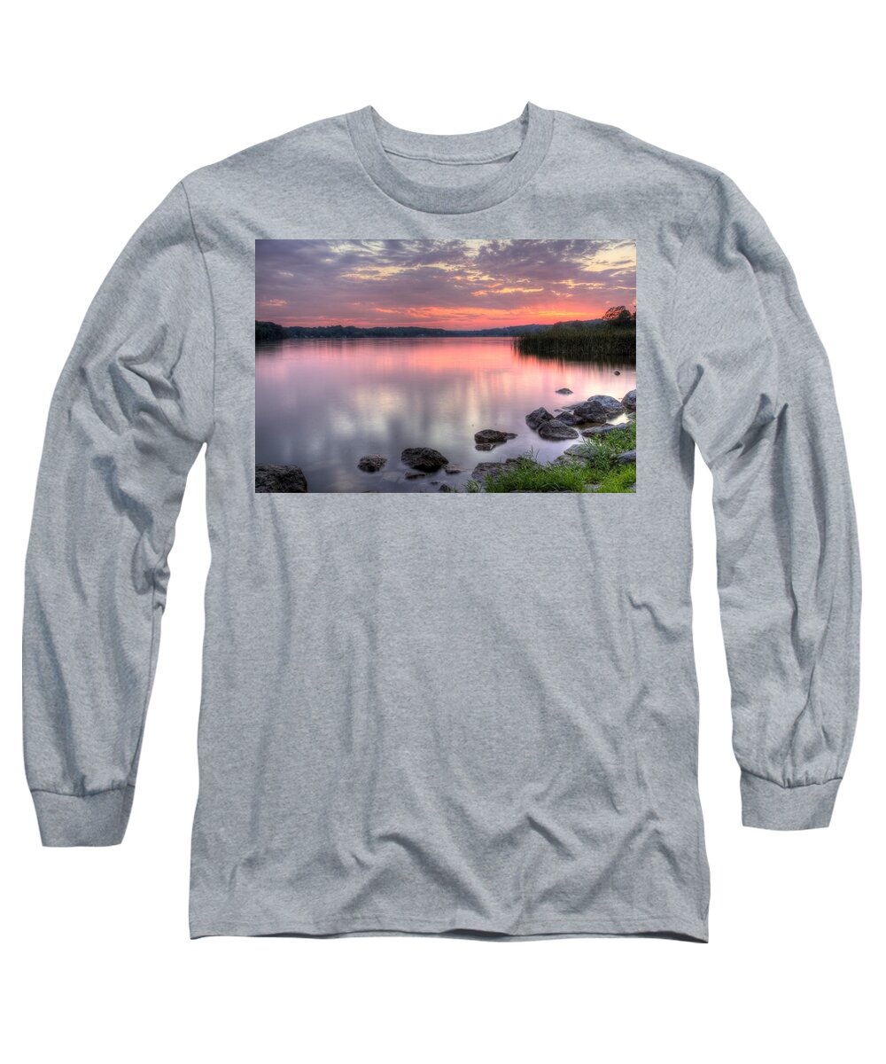 Fiery Long Sleeve T-Shirt featuring the photograph Fiery Lake Sunset by David Dufresne