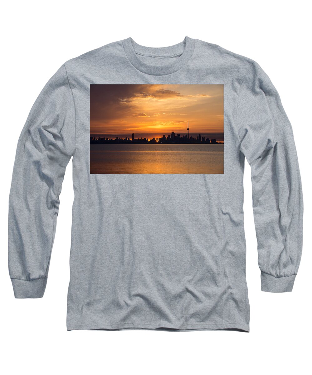 Sunrays Long Sleeve T-Shirt featuring the photograph First Sun Rays - Toronto Skyline at Sunrise by Georgia Mizuleva