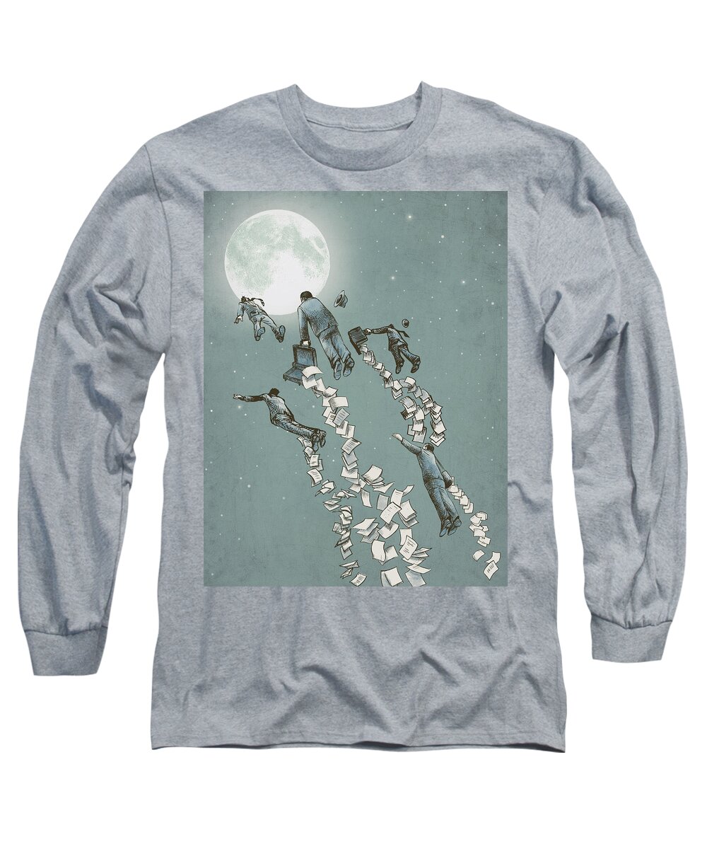 Moon Long Sleeve T-Shirt featuring the drawing Flight of the Salary Men by Eric Fan
