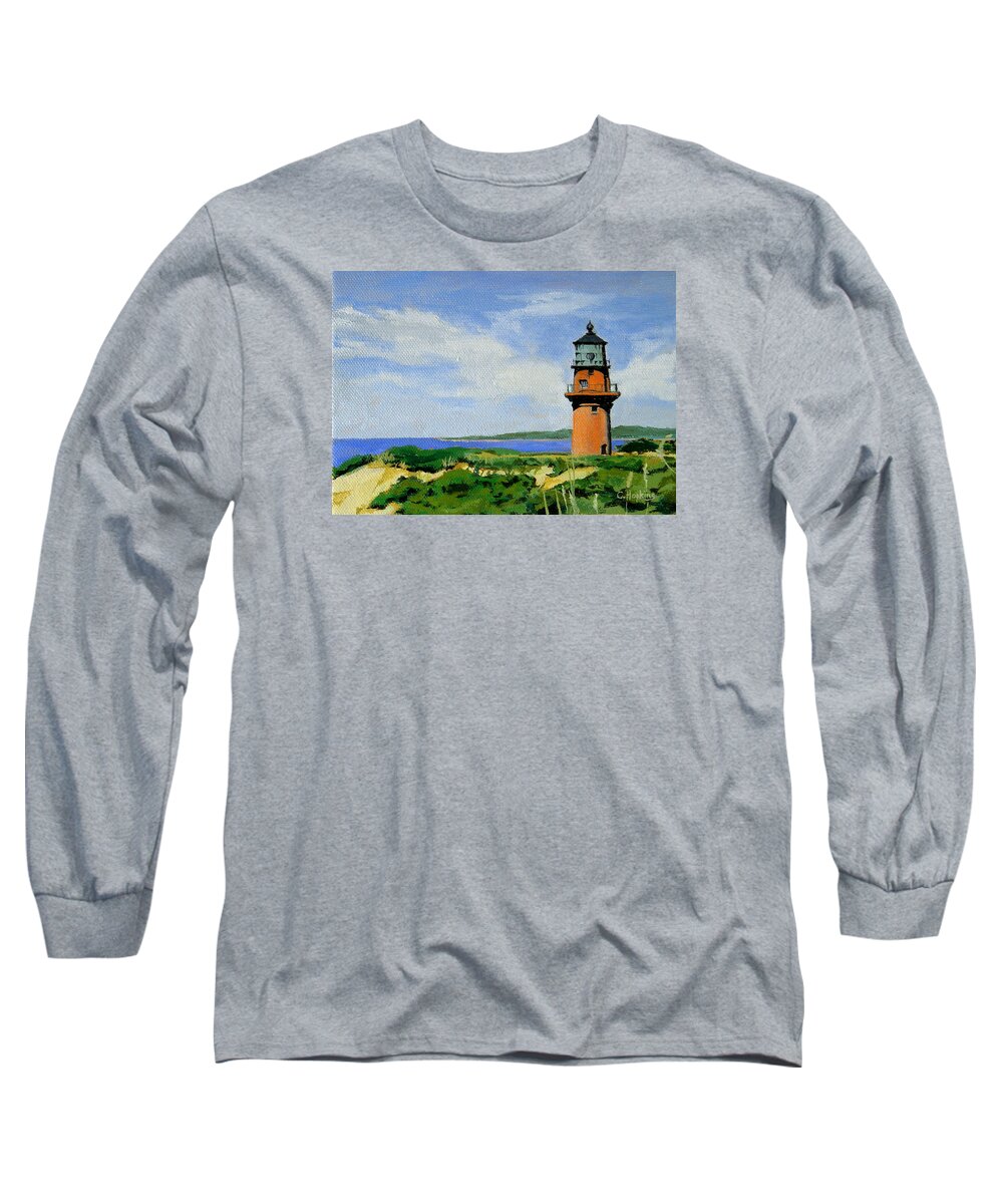 Martha's Vineyard Massachusetts Long Sleeve T-Shirt featuring the painting Gay Head Lighthouse Martha's Vineyard Massachusetts by Christine Hopkins