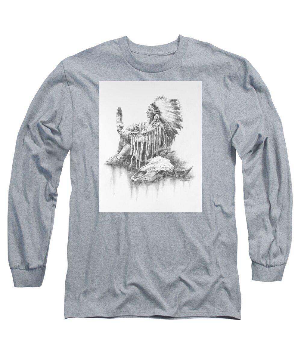 Indian Long Sleeve T-Shirt featuring the drawing He Who Seeks A Vision by Kim Lockman