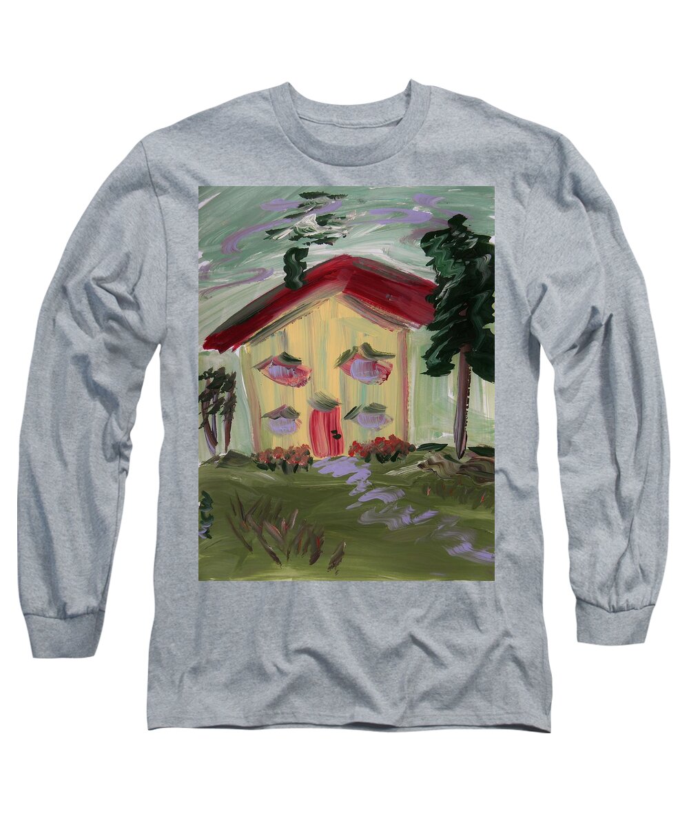 Yellow House Long Sleeve T-Shirt featuring the painting House of Hugs 2 by Mary Carol Williams