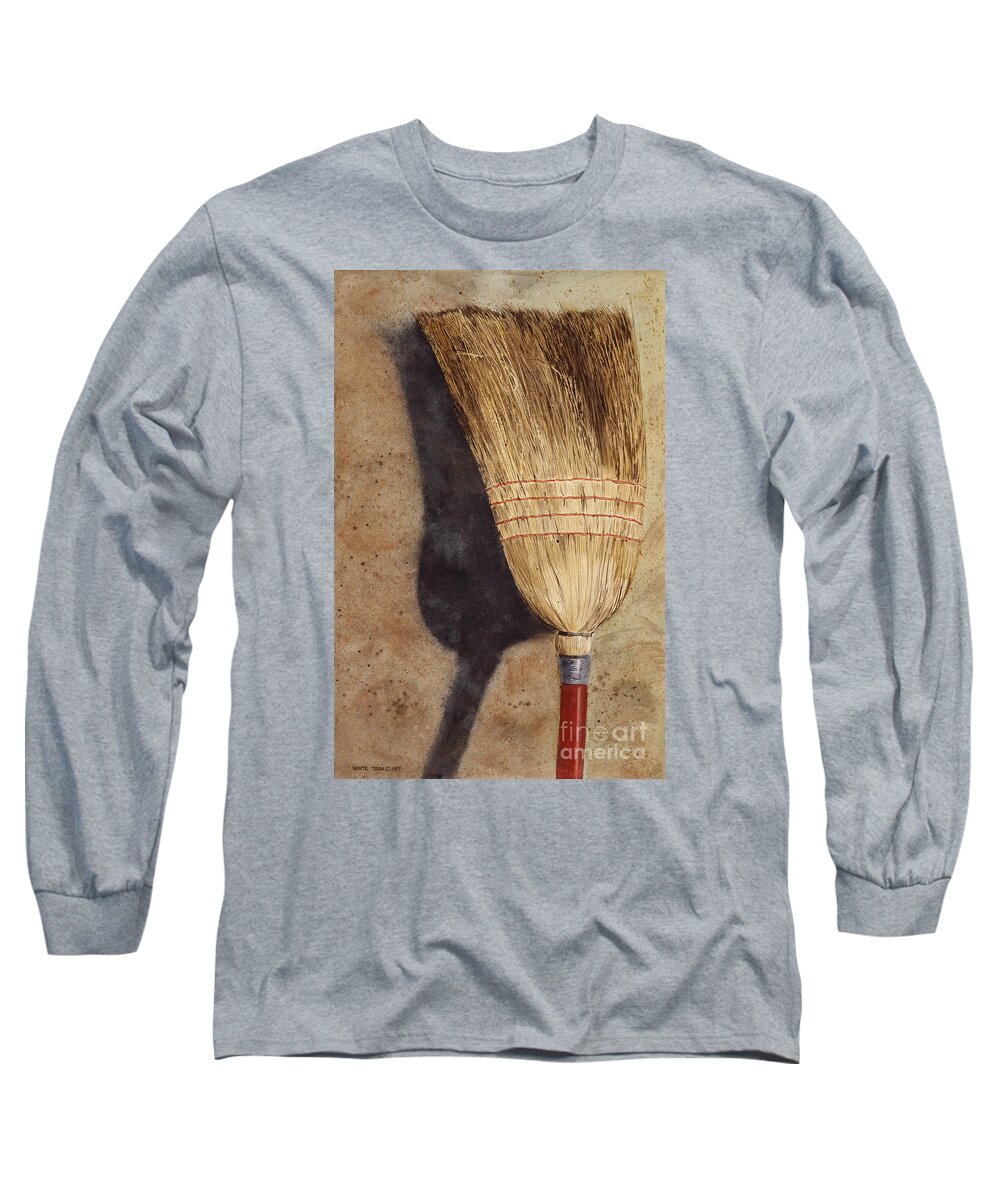 A Straw Broom Leans Against A Shed As It Dries In The Bright Mid-day Sun. Long Sleeve T-Shirt featuring the painting Ila Jean's Broom by Monte Toon