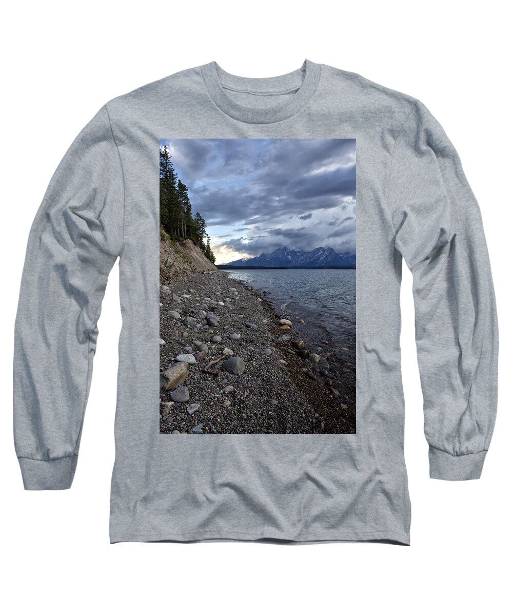Lake Long Sleeve T-Shirt featuring the photograph Jackson Lake Shore with Grand Tetons by Belinda Greb