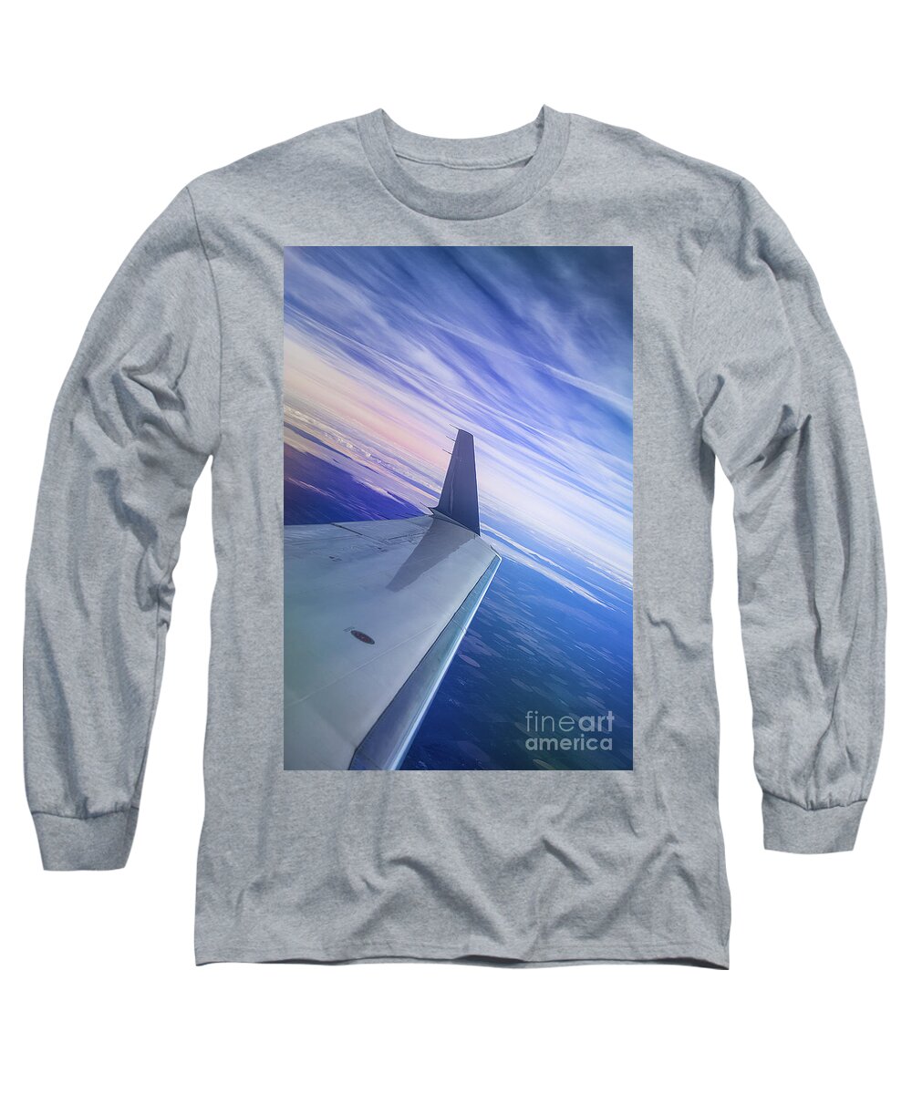 Jet Plane And Blue Sky With Clouds Long Sleeve T-Shirt featuring the photograph Jet Plane And Blue Sky With Clouds by Jerry Cowart