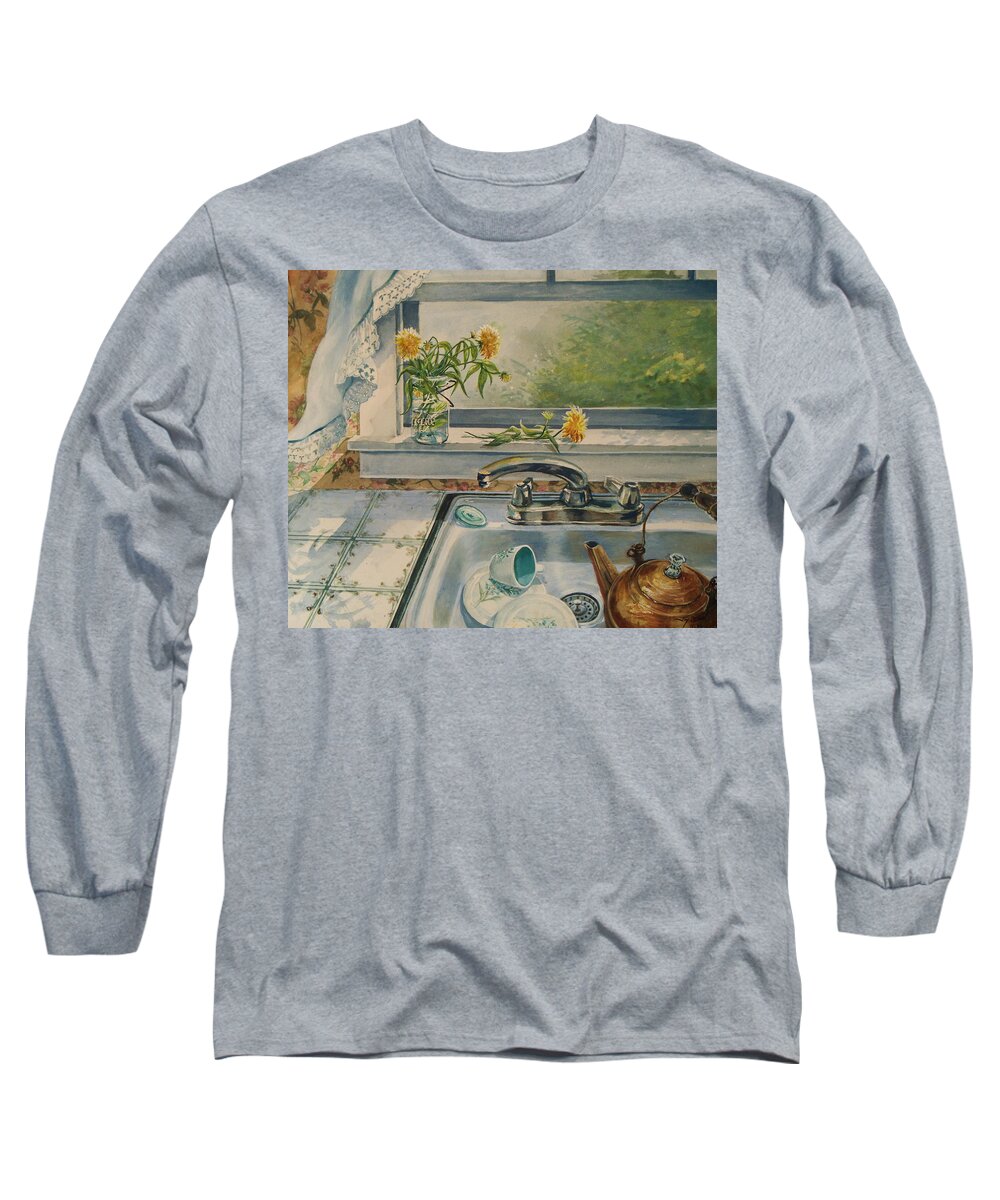  Yellow Flowers Long Sleeve T-Shirt featuring the painting Kitchen Sink by Joy Nichols