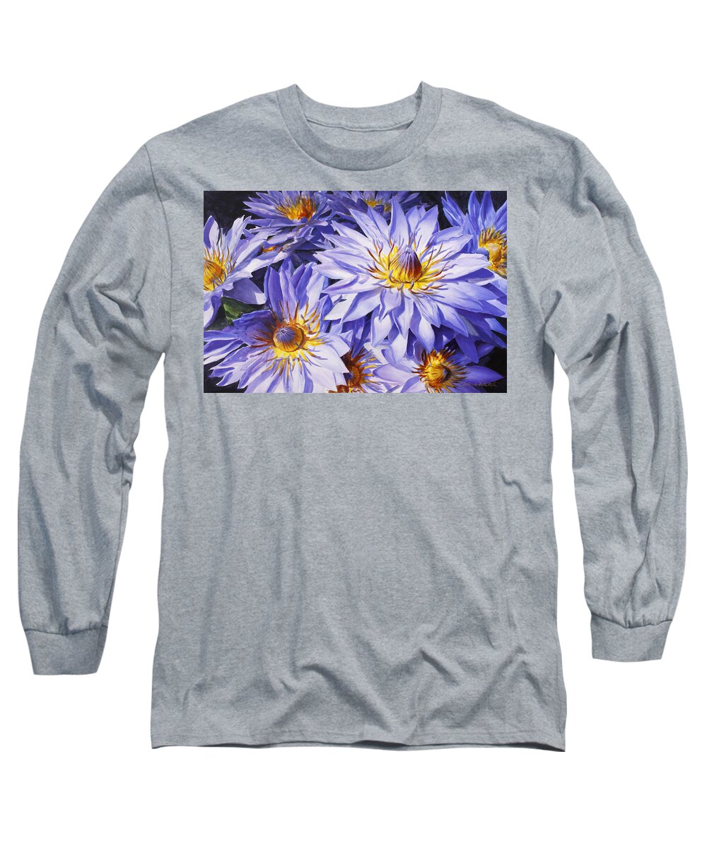 Lotus Long Sleeve T-Shirt featuring the painting Lotus Light - Hawaiian Tropical Floral by K Whitworth