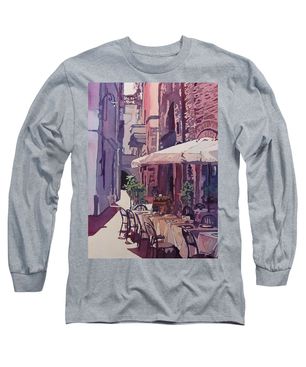 Lucca Long Sleeve T-Shirt featuring the painting Lucca Cafe by Jenny Armitage