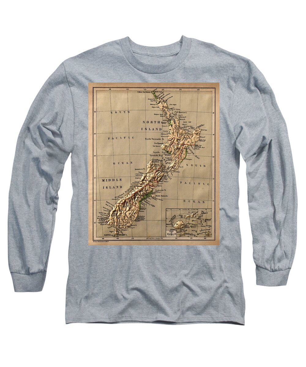 New Zealand Long Sleeve T-Shirt featuring the photograph Map of New Zealand 1880 by Andrew Fare