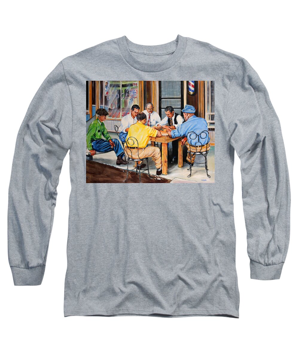 Dominos Long Sleeve T-Shirt featuring the painting Men Passing Time in the Delta by Karl Wagner
