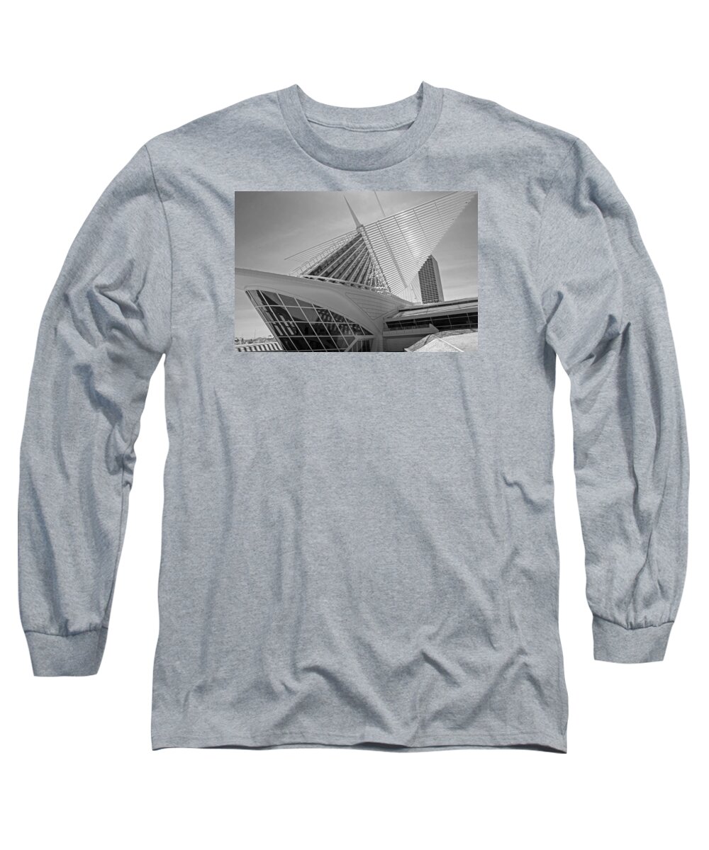 Museum Long Sleeve T-Shirt featuring the photograph Milwaukee Art Museum Black and White by Susan McMenamin