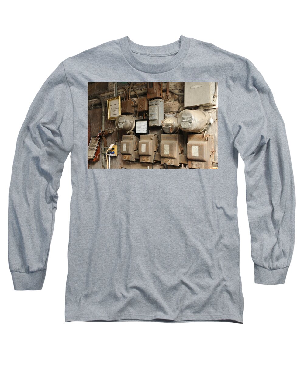 Electricity Long Sleeve T-Shirt featuring the photograph Mind the Cat and Circuit Breakers by Bradford Martin