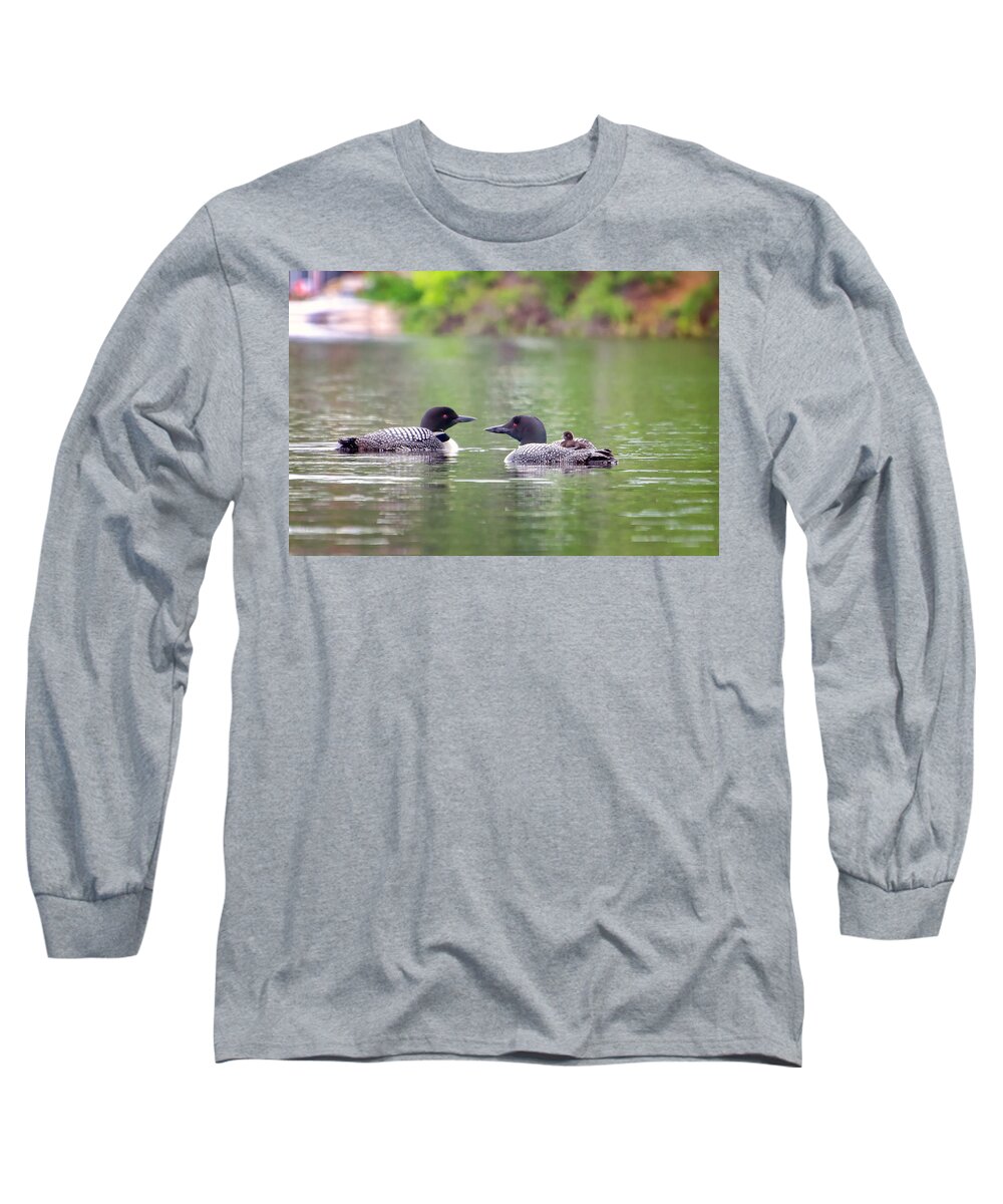 Loon Long Sleeve T-Shirt featuring the photograph Mom and Dad Loon with Baby on Back by Donna Doherty